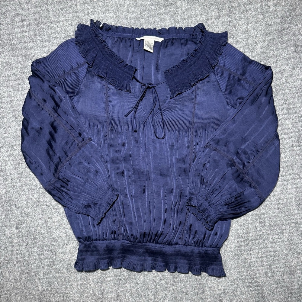 Diane Von Furstenberg Women Sz 10 Blouse Long Sleeve Navy Lightweight Ruffled